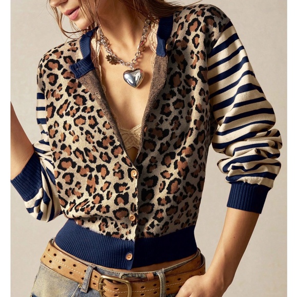 Cozy Leopard Print Striped Button Down Light Loose fit Cardigan - Picture 4 of 5